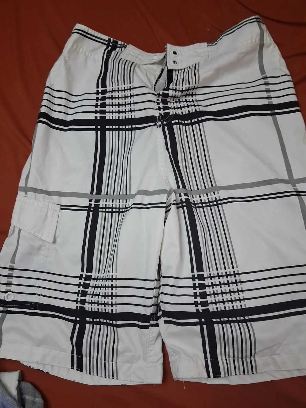 Sporto White Swim Trunks with Black and Gray Plaid